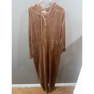 XL Calvin Klein Velour Long Sleeve Hooded Tan Jumpsuit